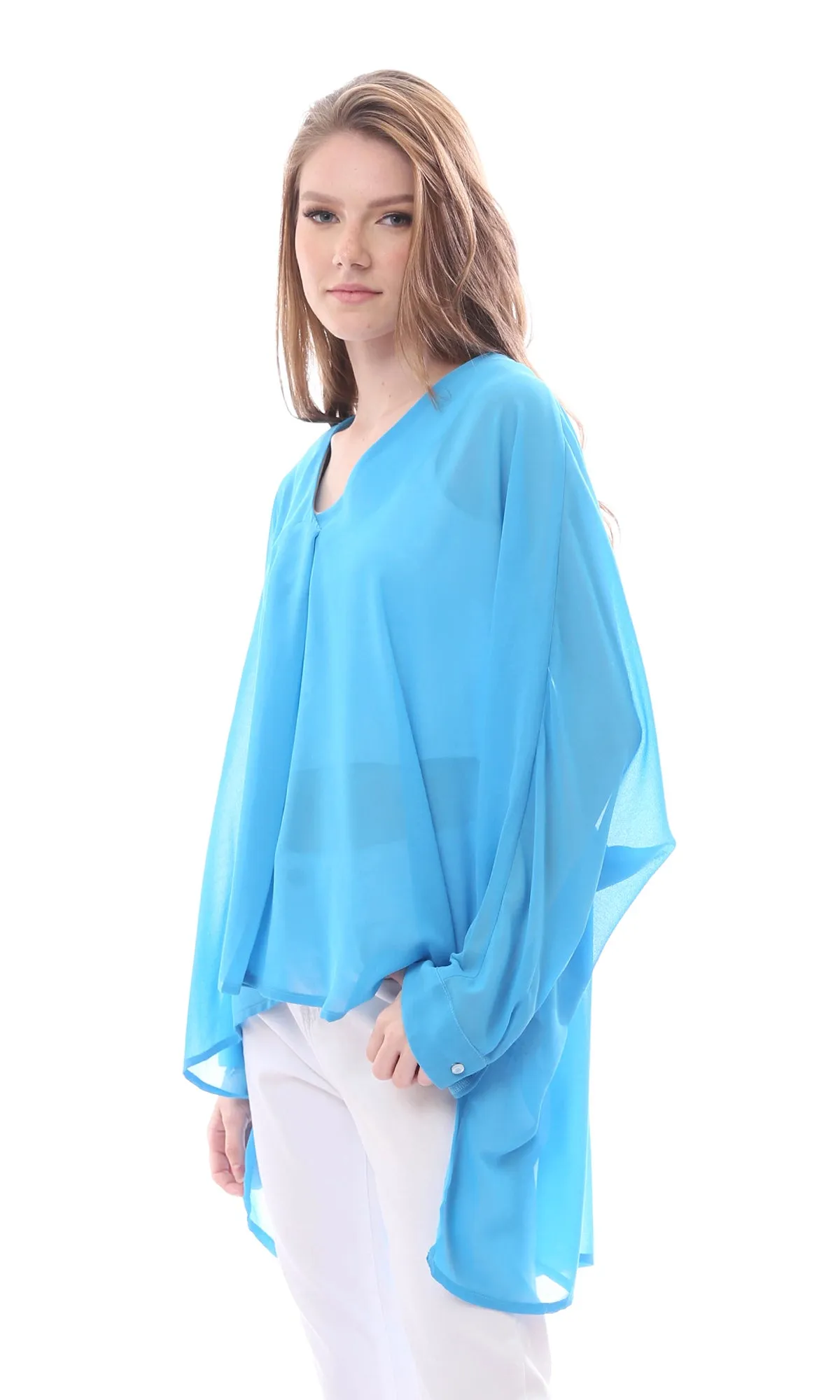 O165919 Wide V-Neck Solid Chiffon Turquoise Blouse