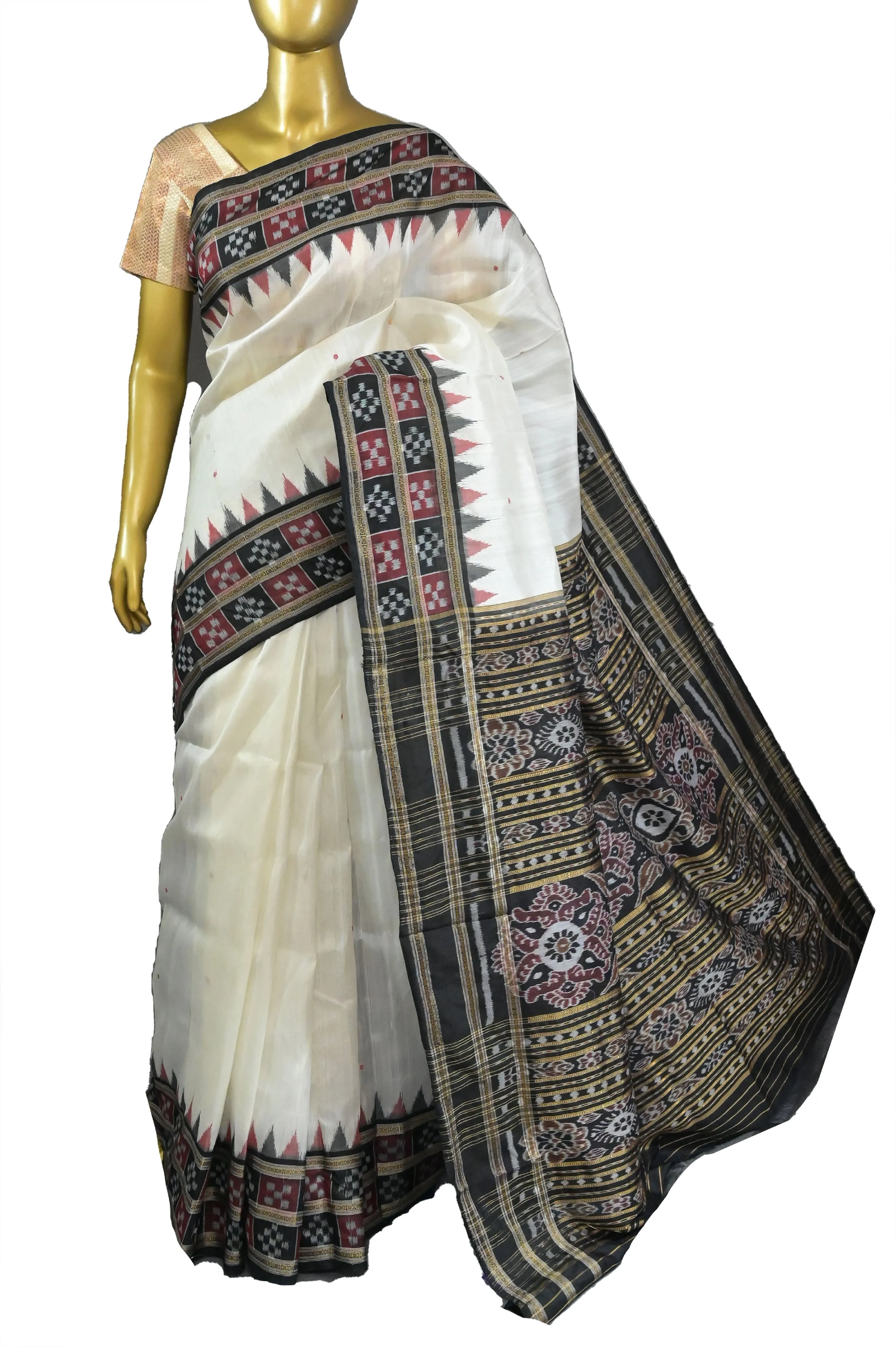 Offwhite and Black Color Sambalpuri Silk Saree with Double Pasapalli Border