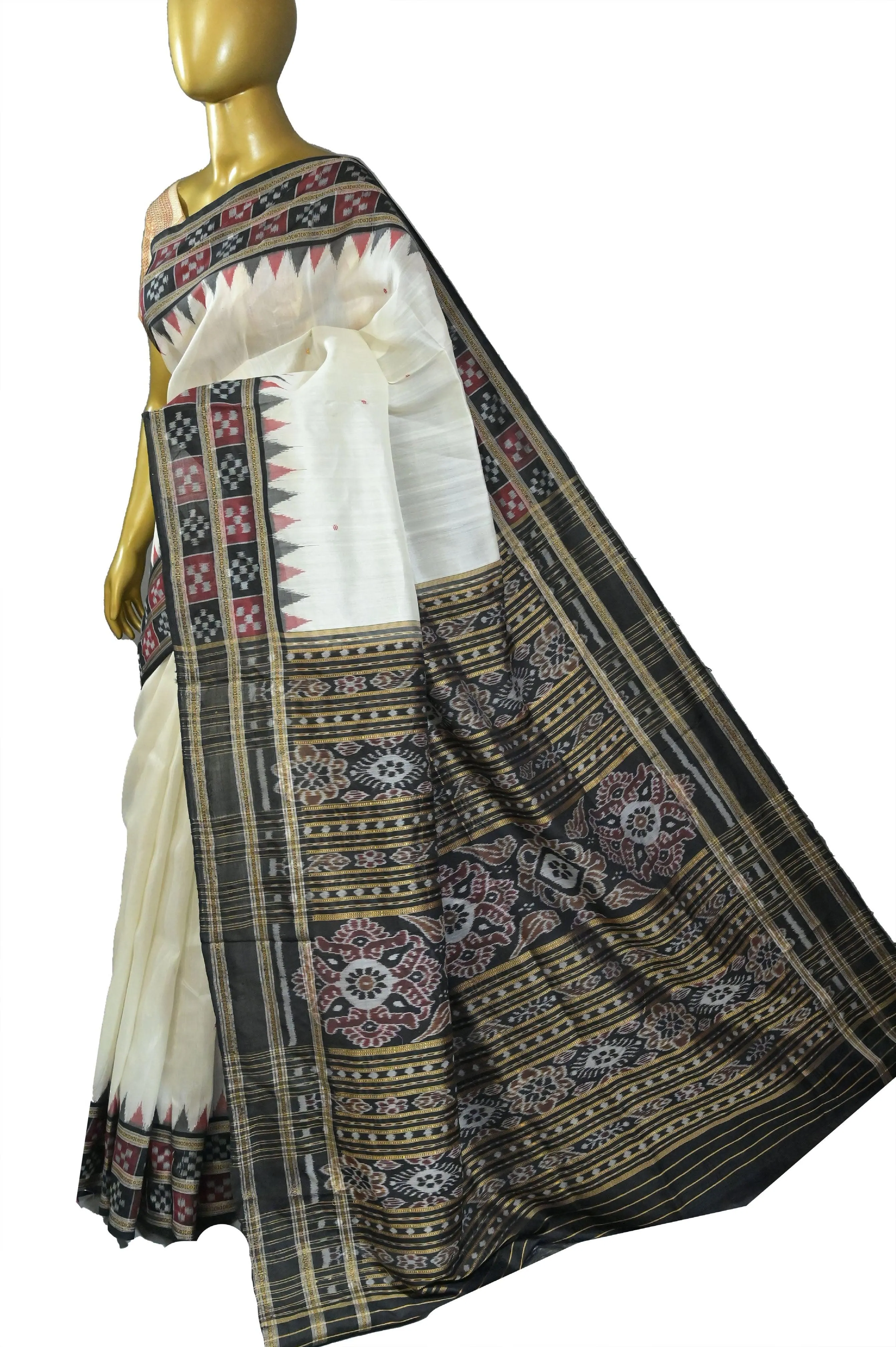 Offwhite and Black Color Sambalpuri Silk Saree with Double Pasapalli Border