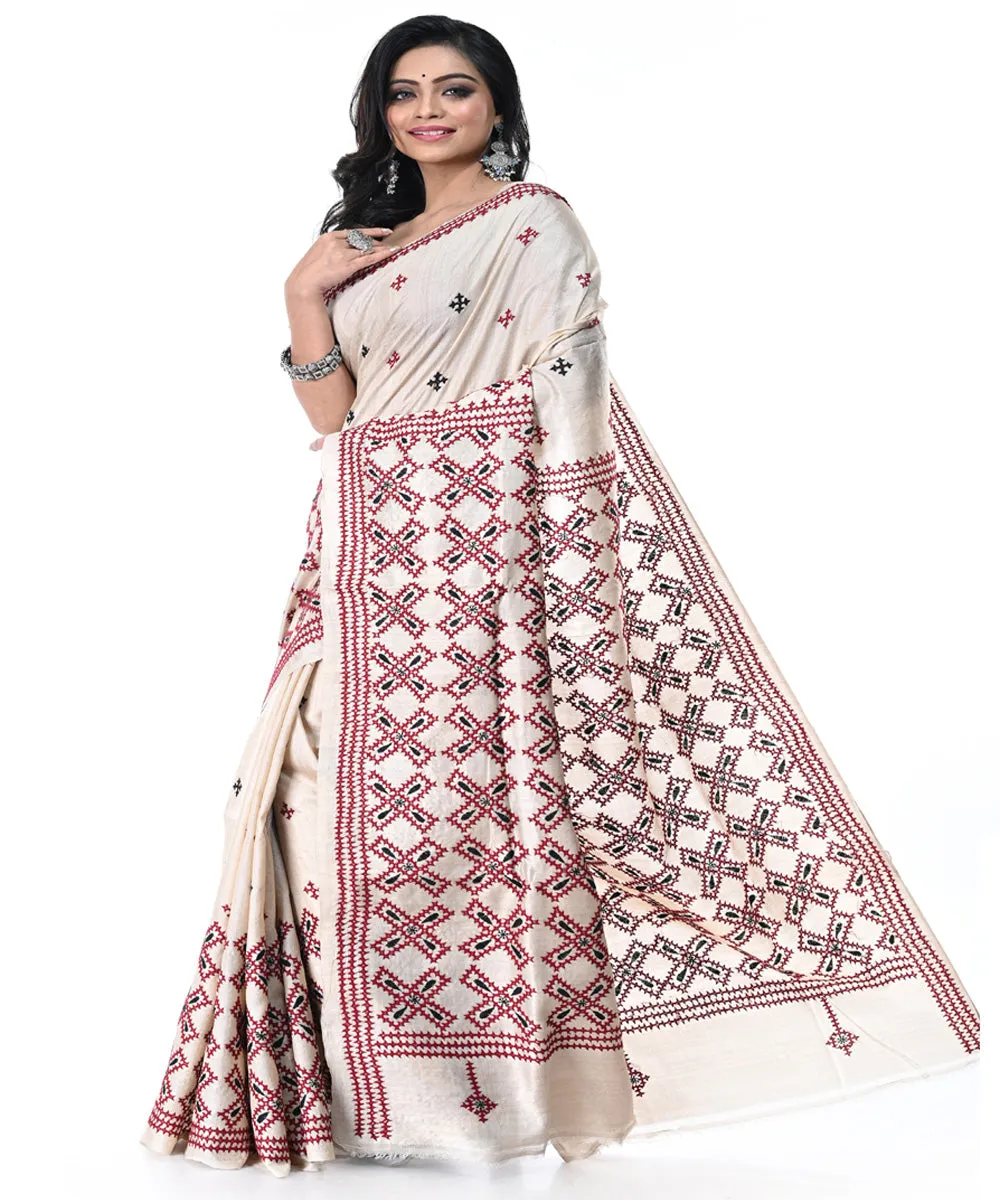 Offwhite multicolor tussar silk handwoven kantha stitch saree