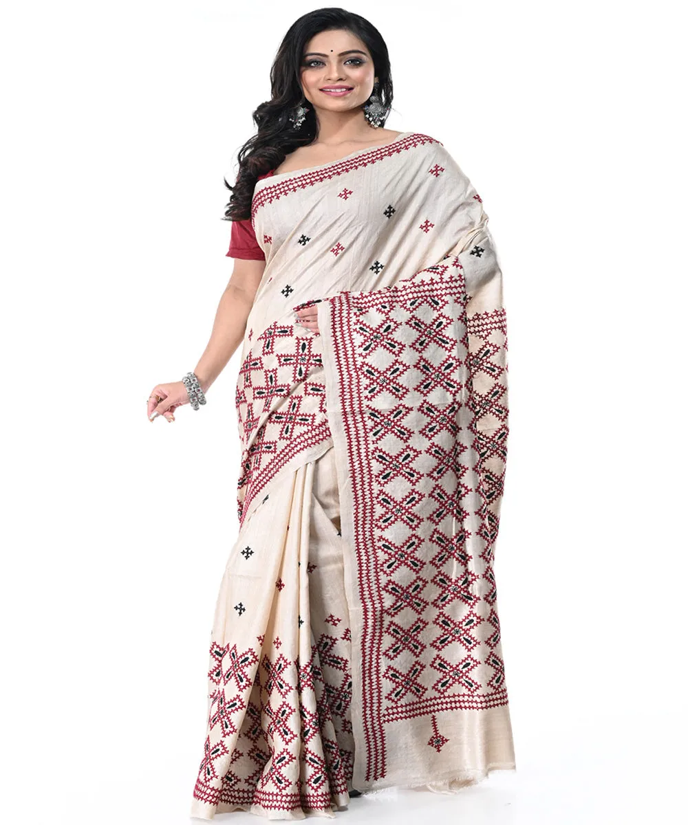 Offwhite multicolor tussar silk handwoven kantha stitch saree