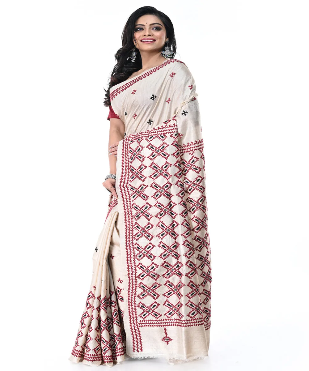 Offwhite multicolor tussar silk handwoven kantha stitch saree