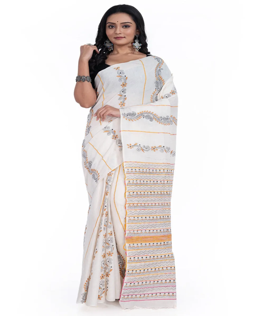 Offwhite yellow handwoven cotton kantha stitch saree