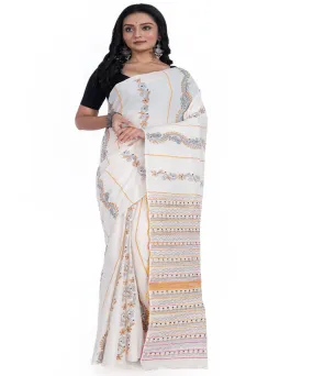 Offwhite yellow handwoven cotton kantha stitch saree