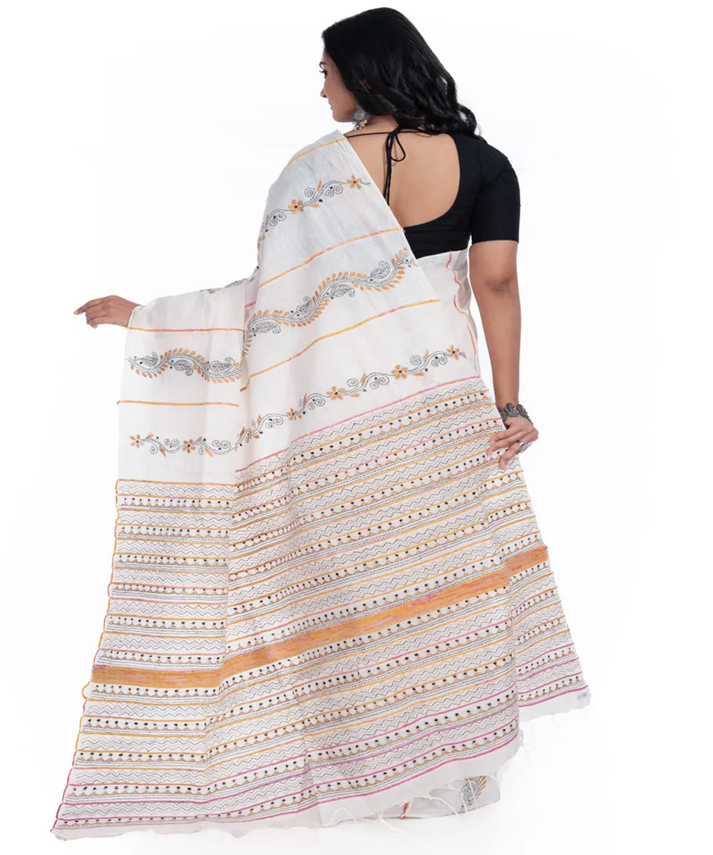 Offwhite yellow handwoven cotton kantha stitch saree