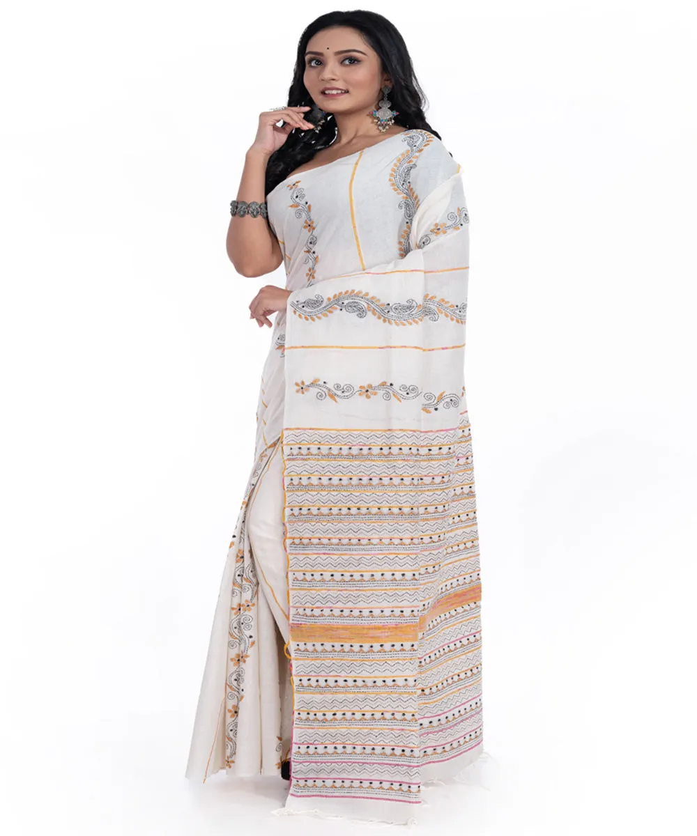 Offwhite yellow handwoven cotton kantha stitch saree