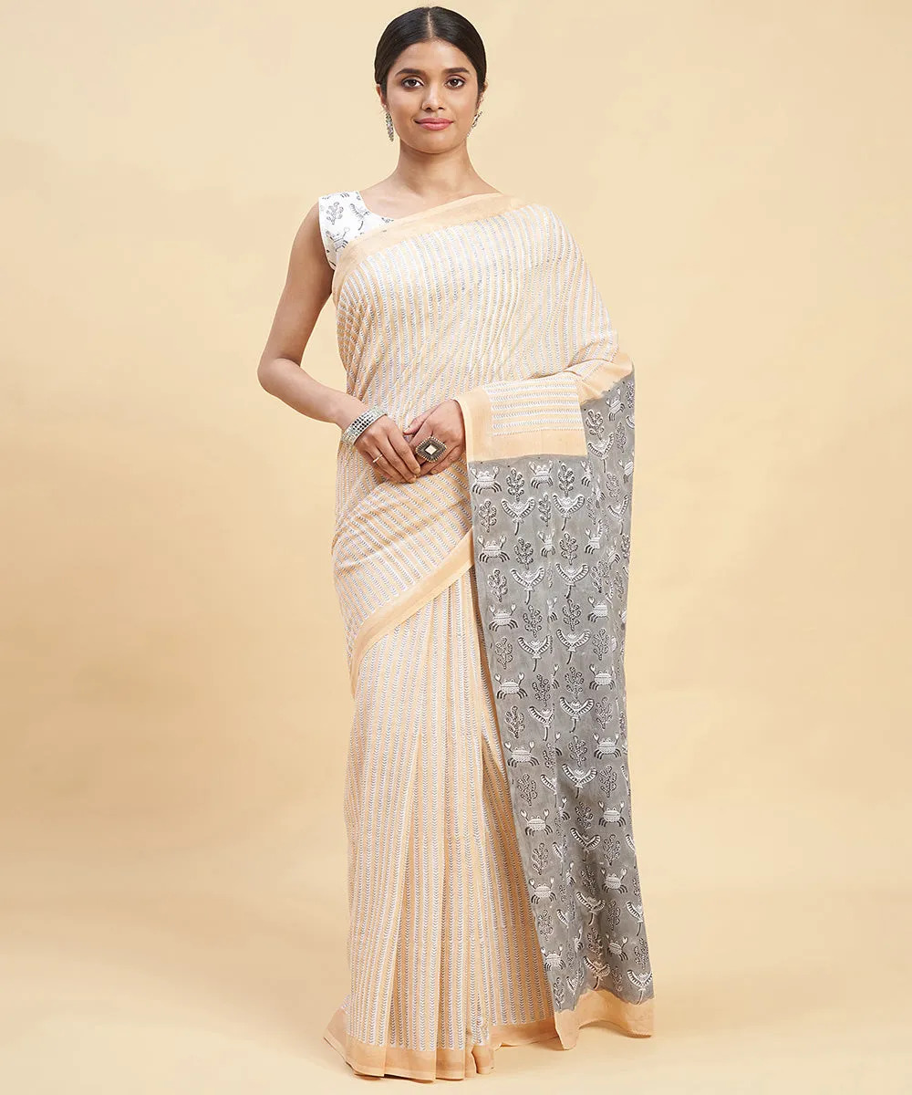 Peach grey cotton hand block sanganeri printed saree