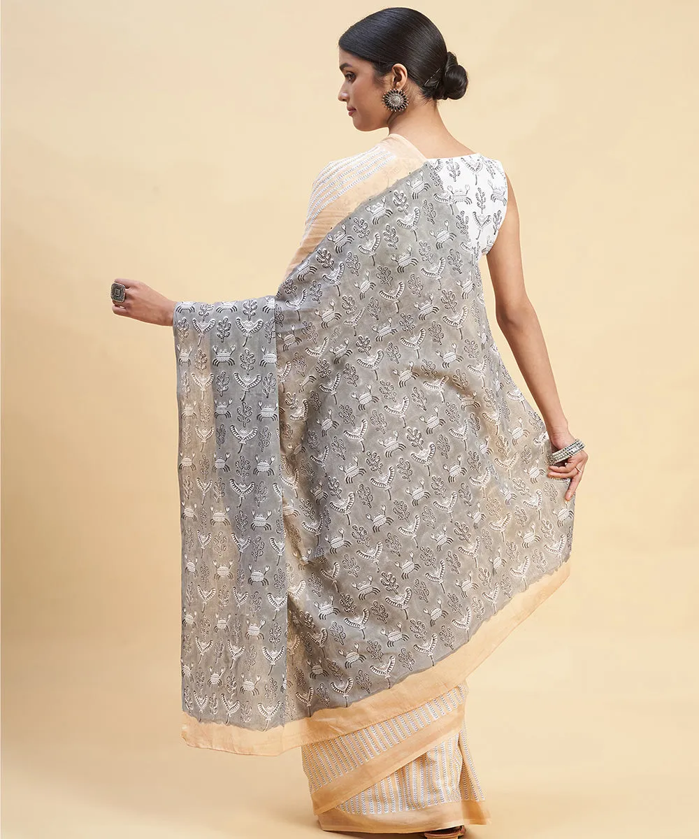 Peach grey cotton hand block sanganeri printed saree