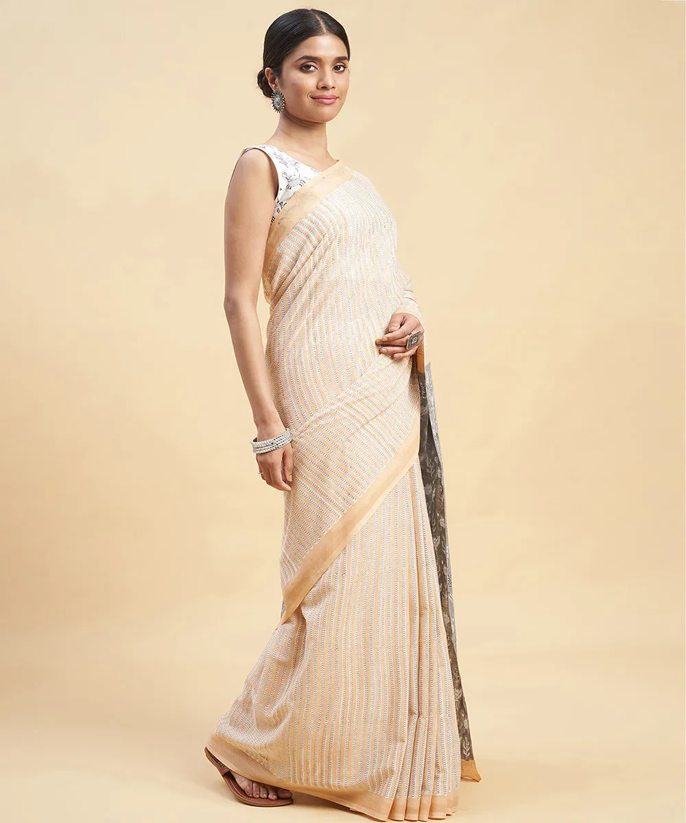 Peach grey cotton hand block sanganeri printed saree