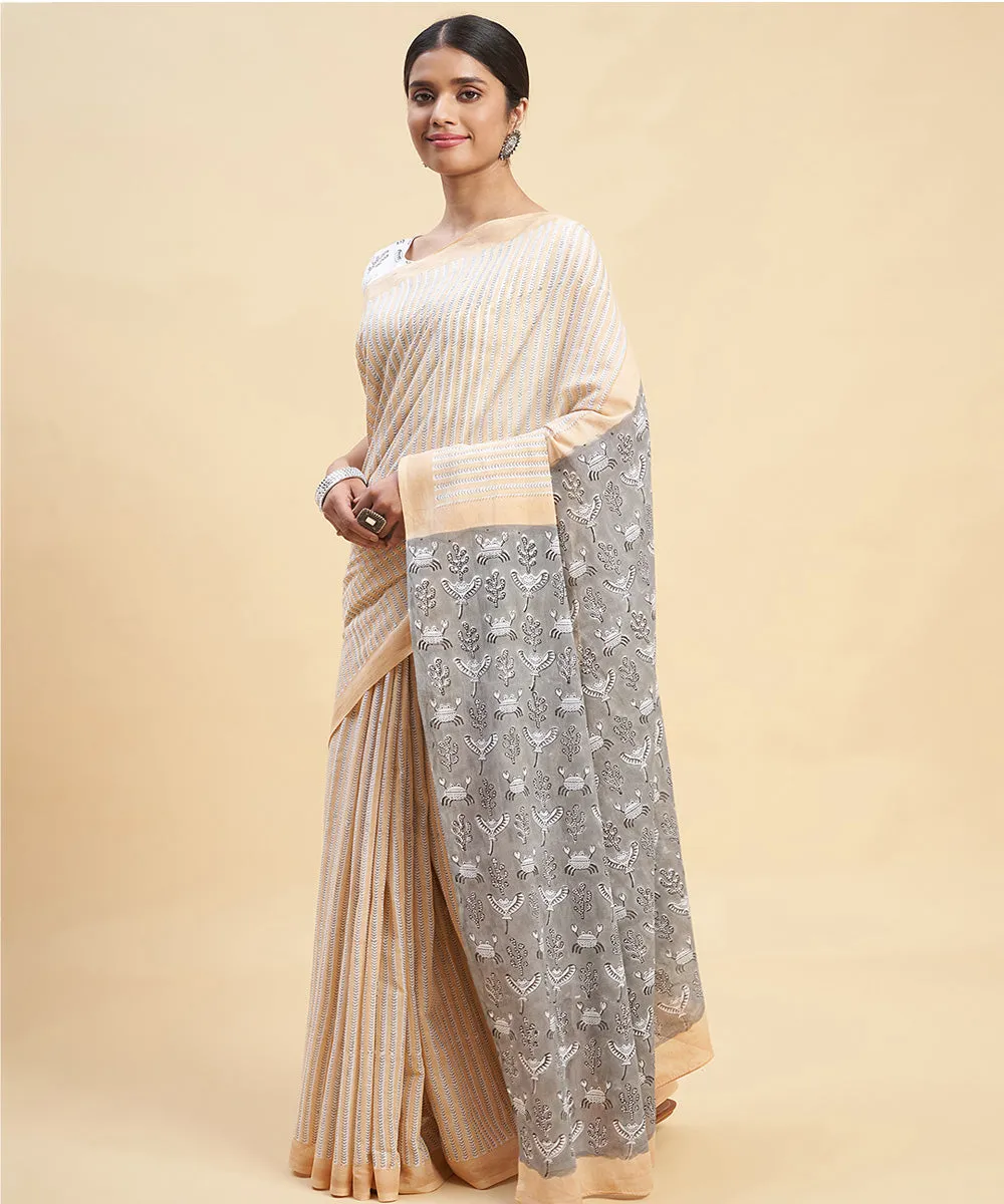 Peach grey cotton hand block sanganeri printed saree