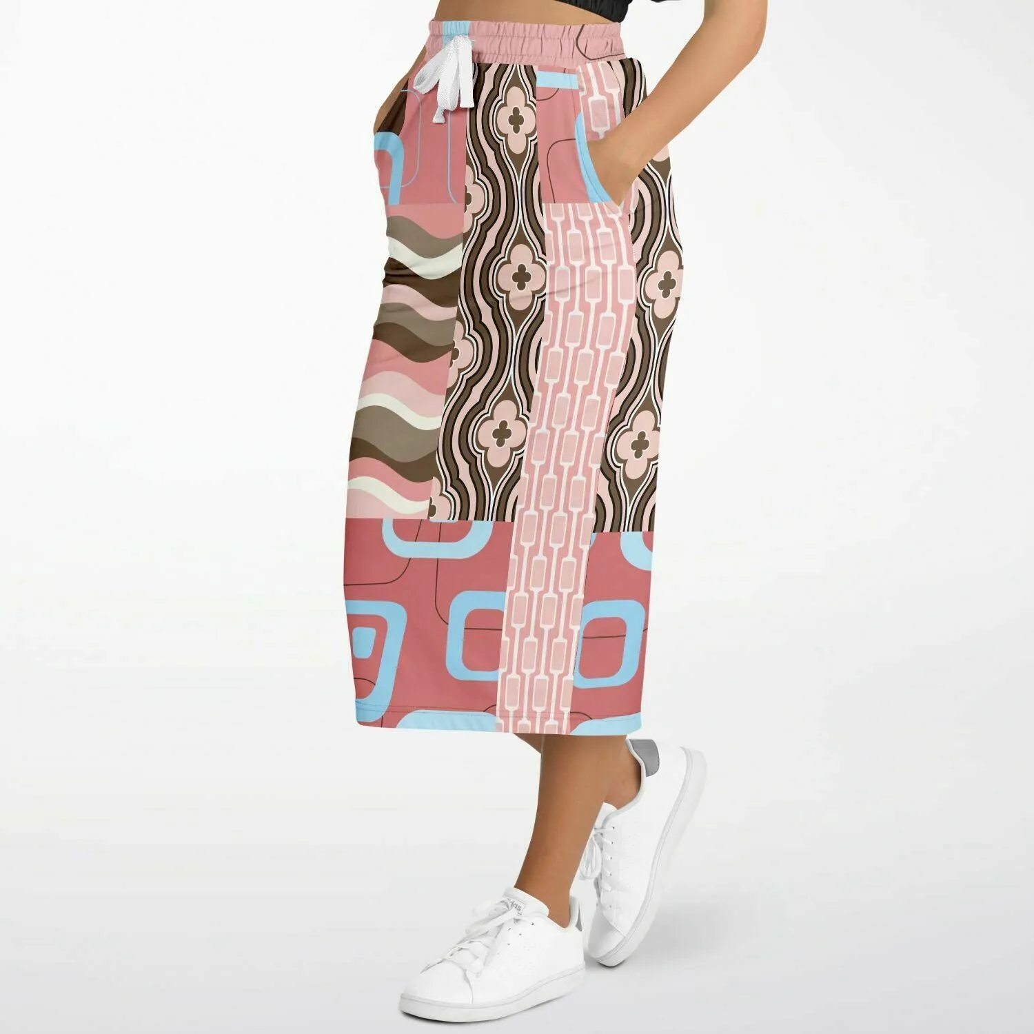 Pink Geo Retro Patchwork Eco-Poly Long Pocket Skirt