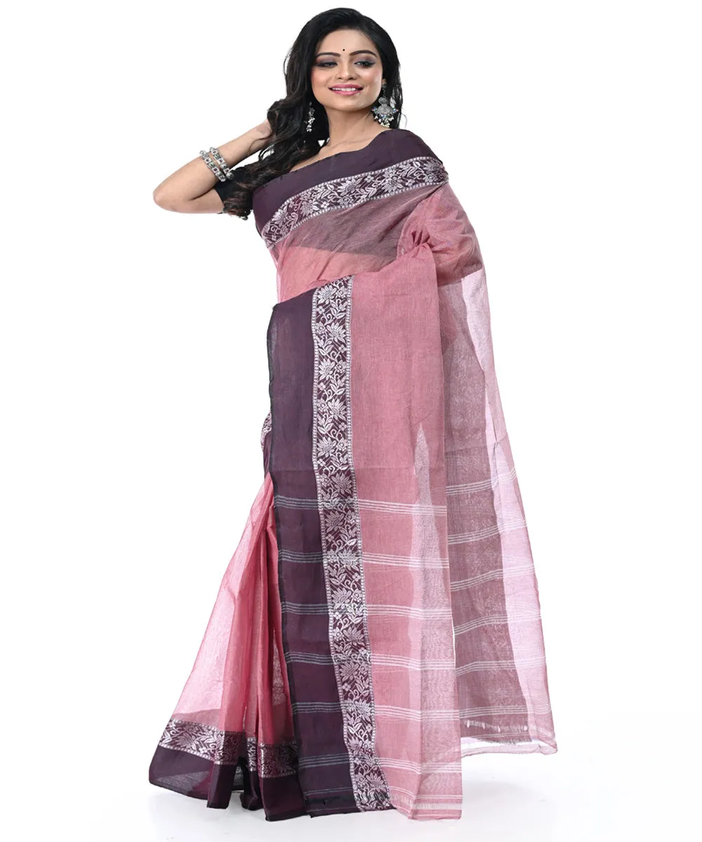 Pink grey handwoven cotton tangail saree