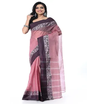 Pink grey handwoven cotton tangail saree