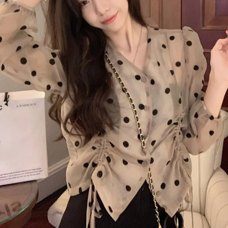 Polka Dot Blouse With Drawstrings