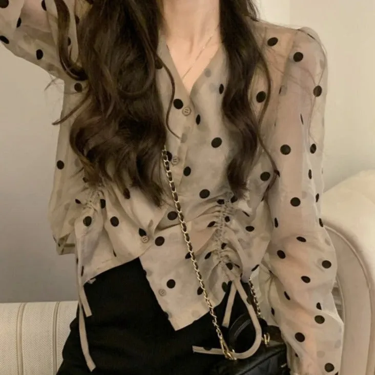 Polka Dot Blouse With Drawstrings