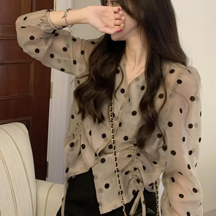 Polka Dot Blouse With Drawstrings