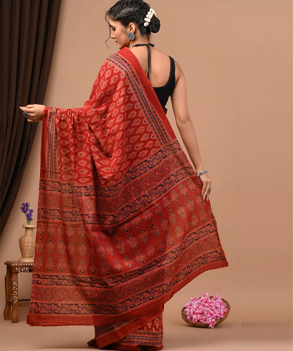 Red black cotton silk bagru hand block saree