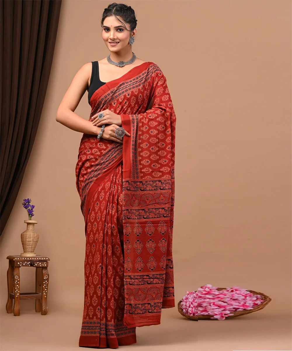 Red black cotton silk bagru hand block saree