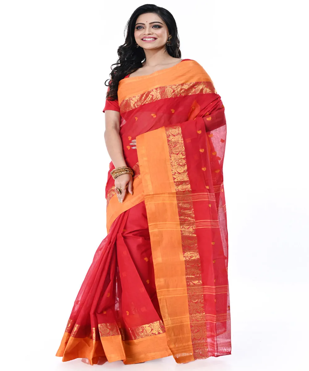 Red orange handwoven tangail cotton saree