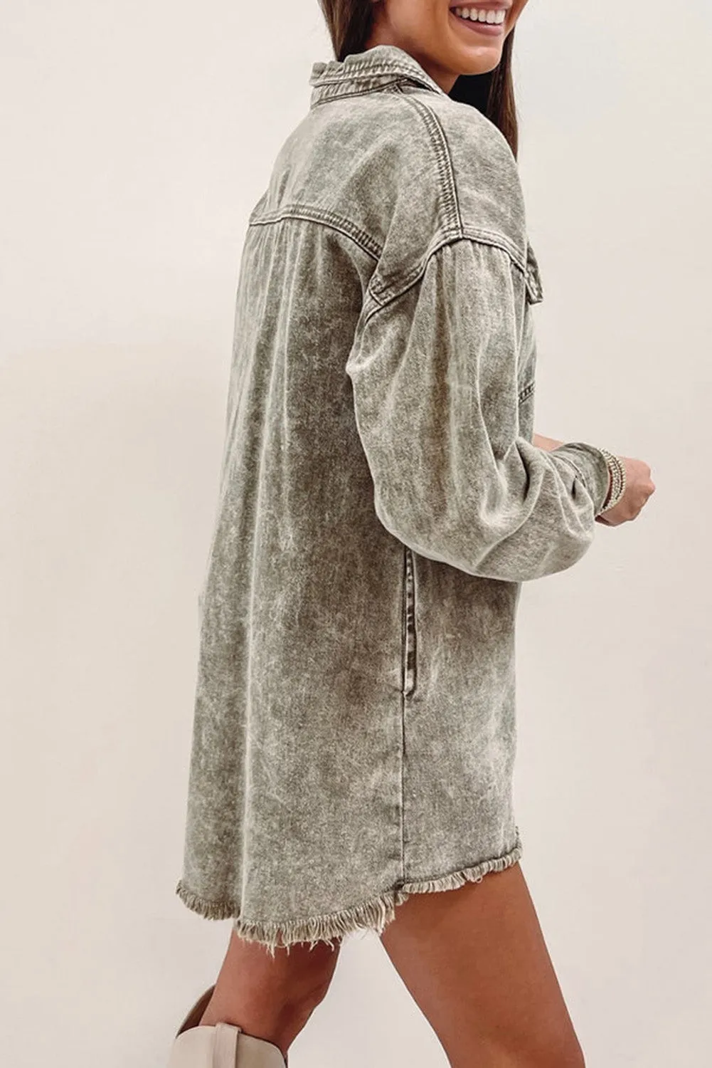 Sage Green Acid Wash Flap Pocket Raw Hem Tunic Denim Jacket