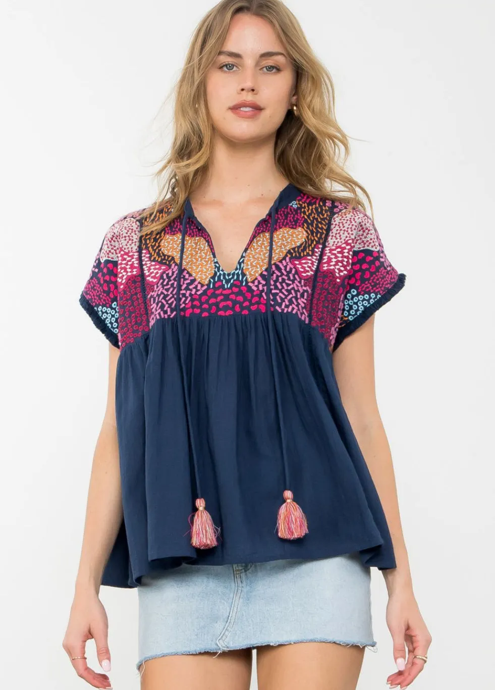 Shelley Embroidered Babydoll Tassel THML Top