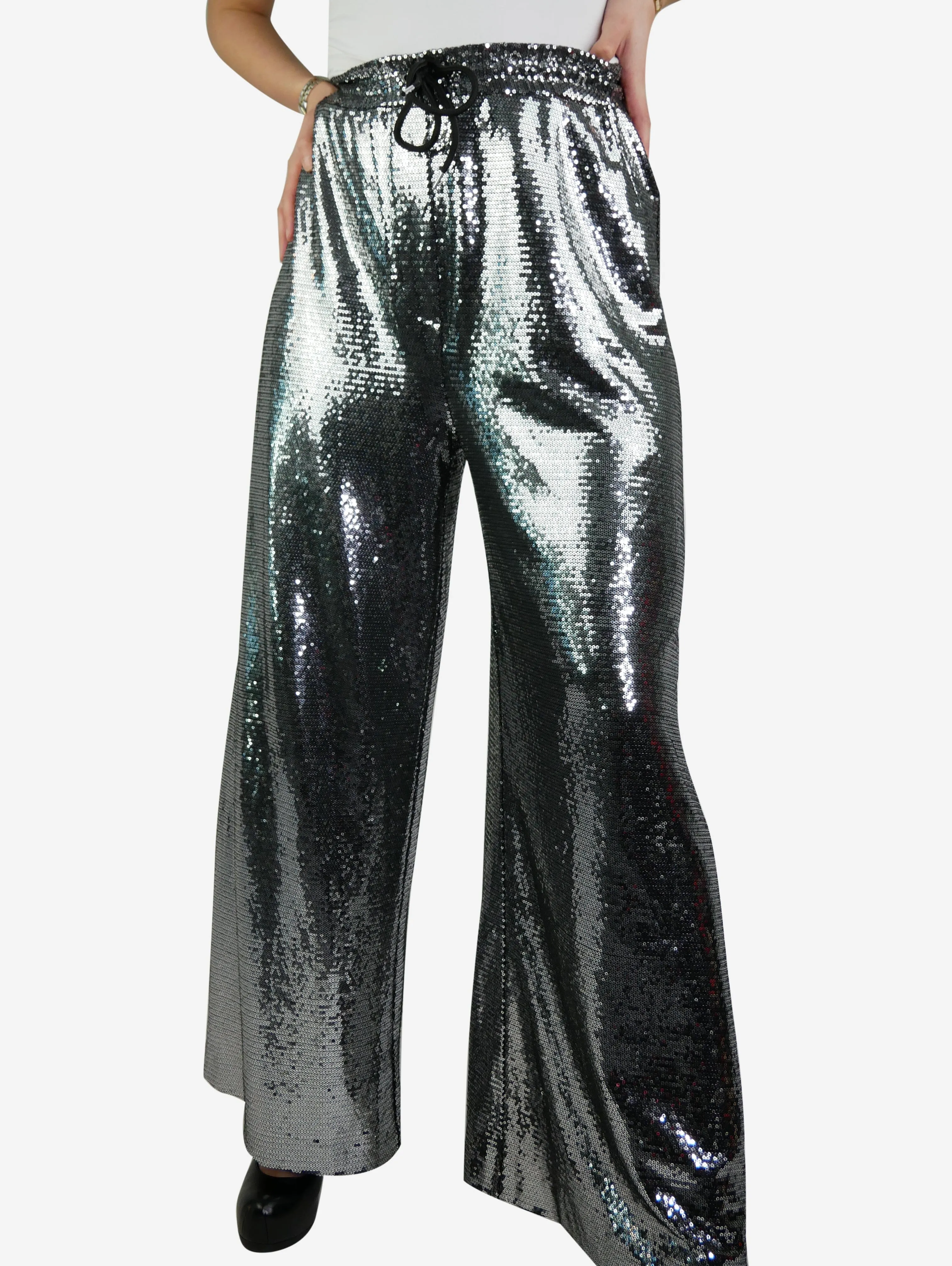 Silver high waisted sequin drawstring trousers - size M