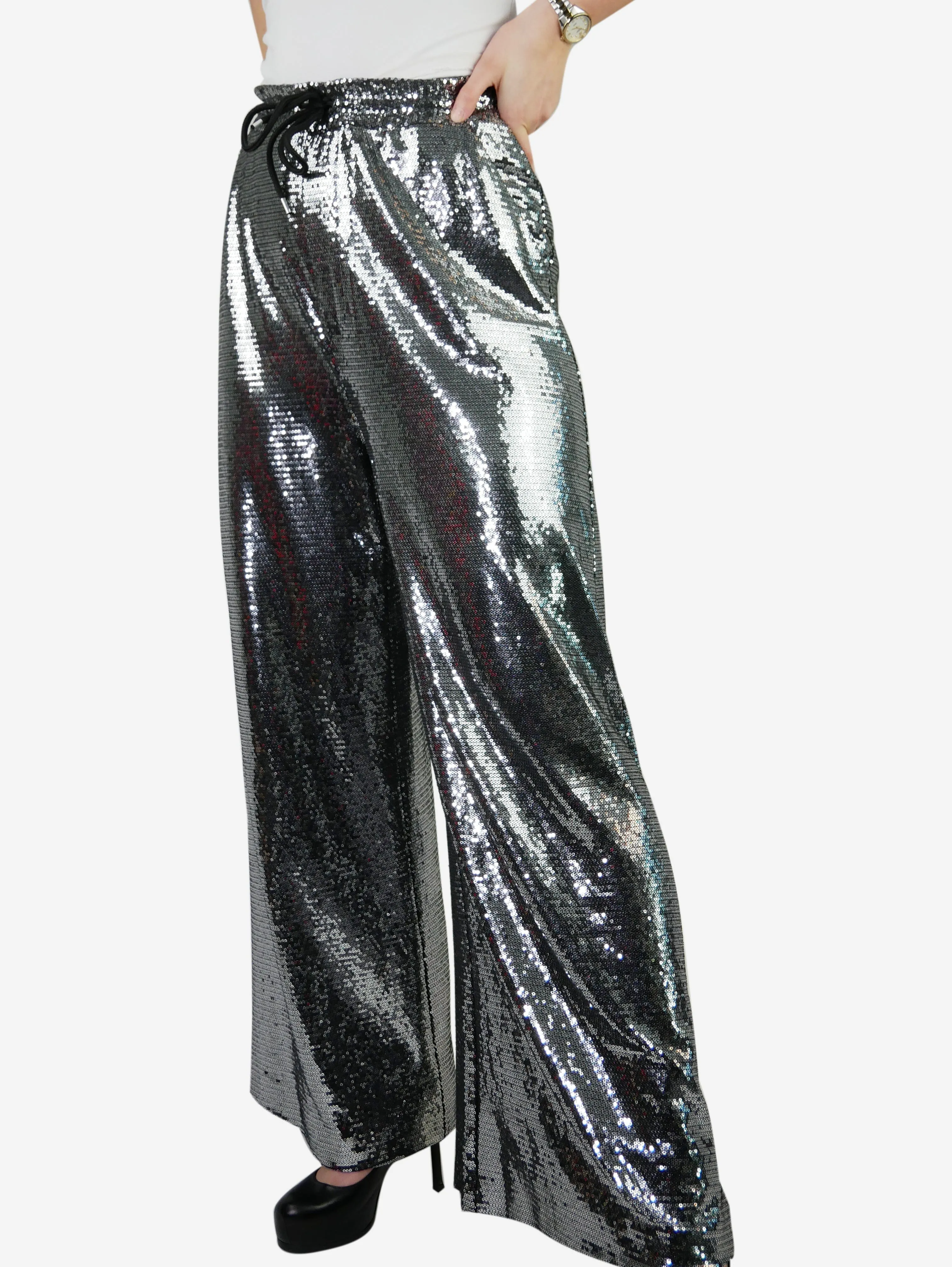 Silver high waisted sequin drawstring trousers - size M