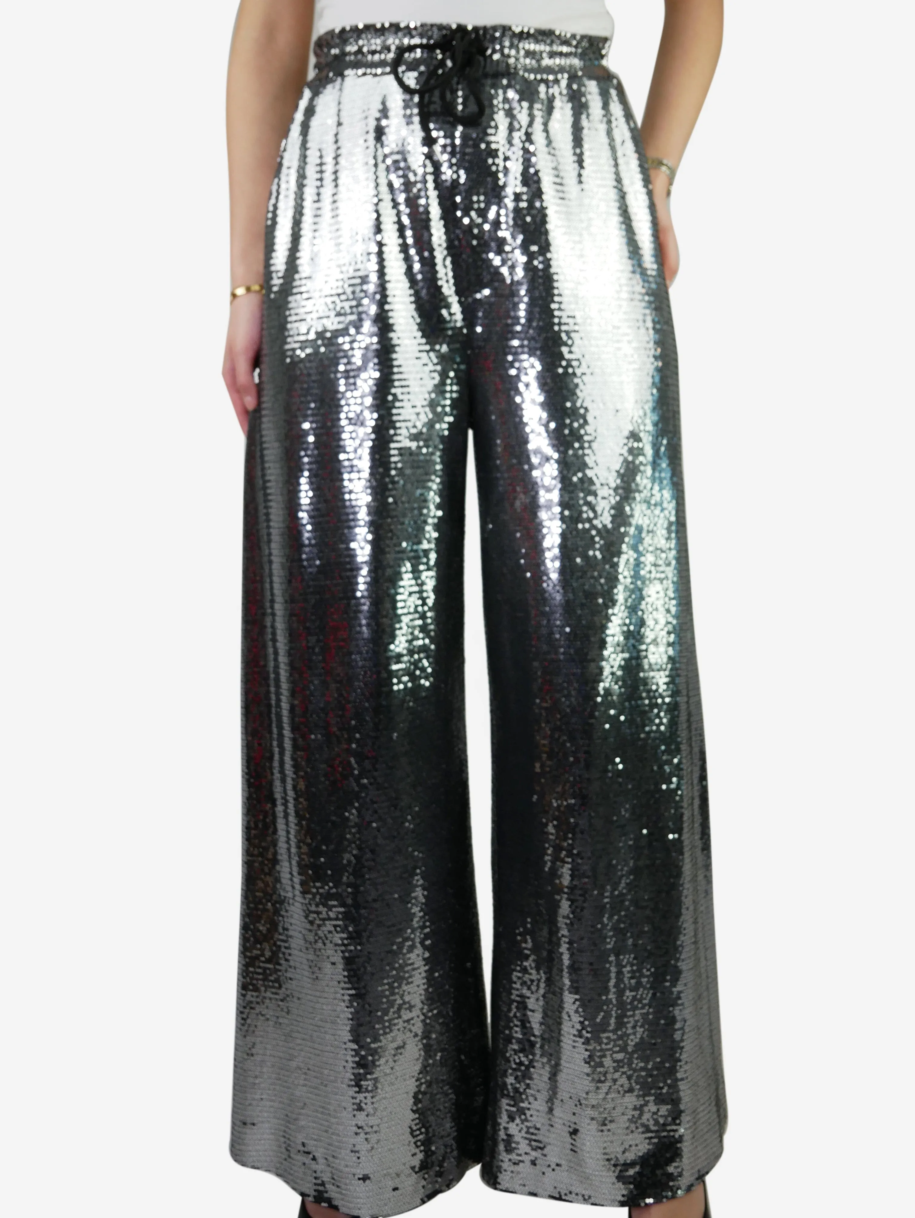 Silver high waisted sequin drawstring trousers - size M