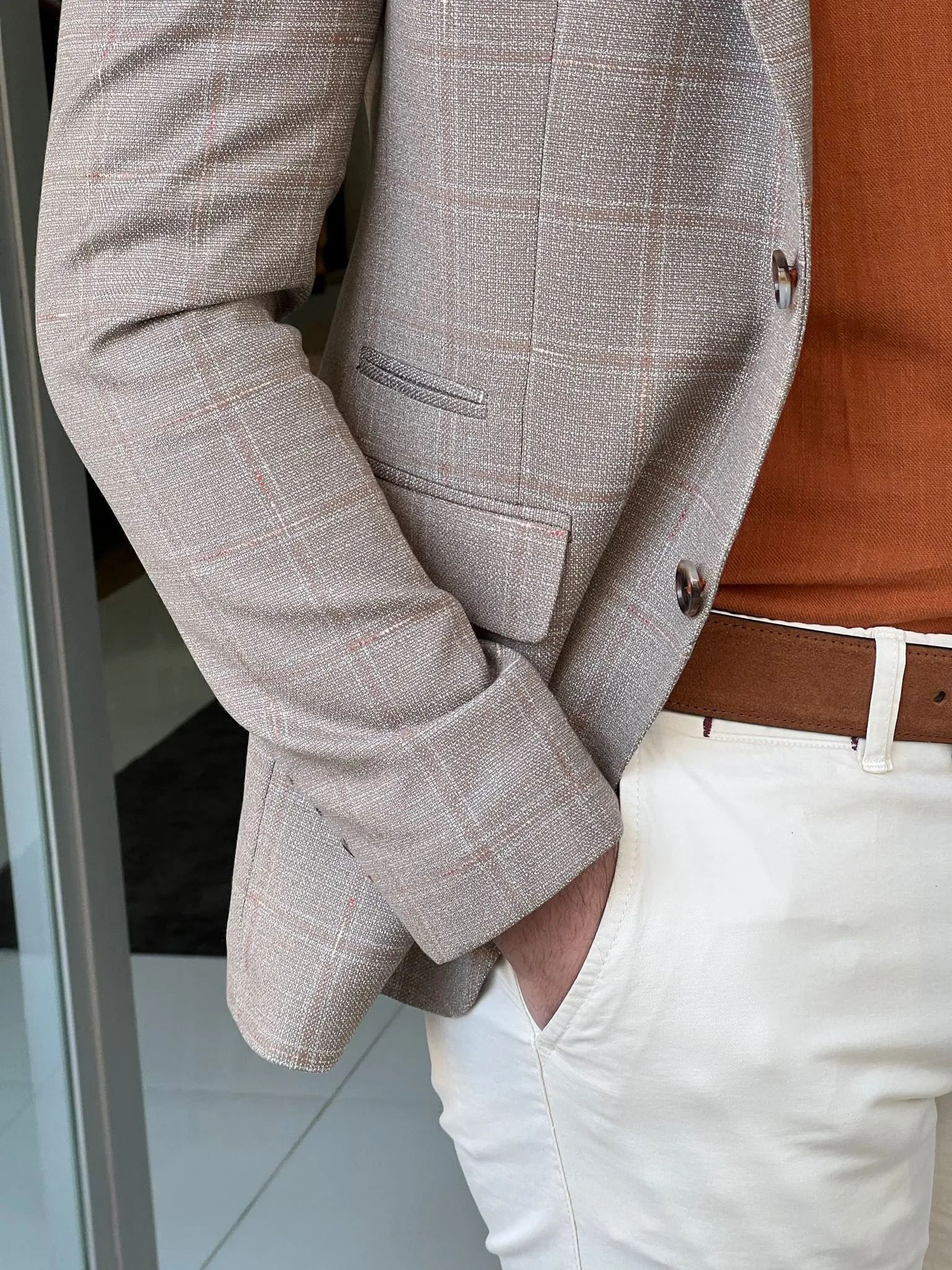 Slim Fit Plaid Beige Jacket