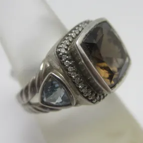 Smokey Quartz Blue Topaz Sterling Silver Ring Vintage c1980