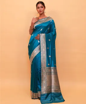 Teal blue banarasi handwoven silk saree