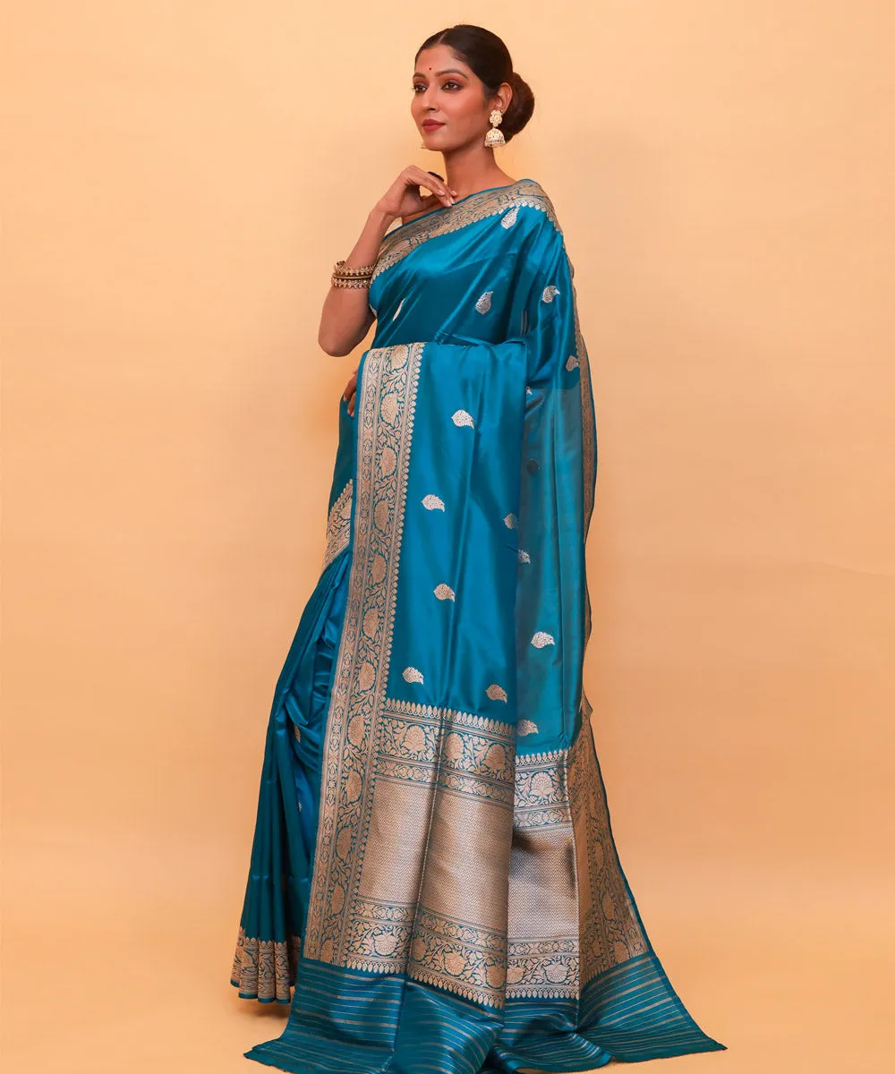 Teal blue banarasi handwoven silk saree