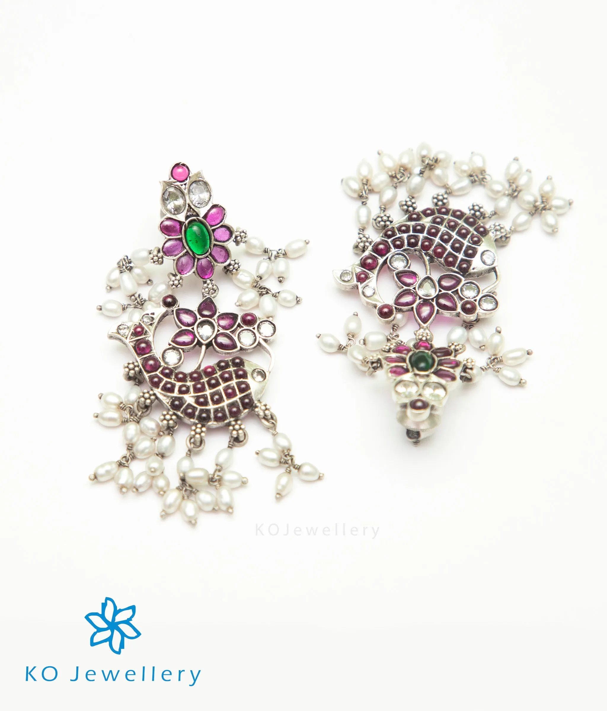 The Varuna Silver Fish Earrings (Oxidised/Rice Pearls)