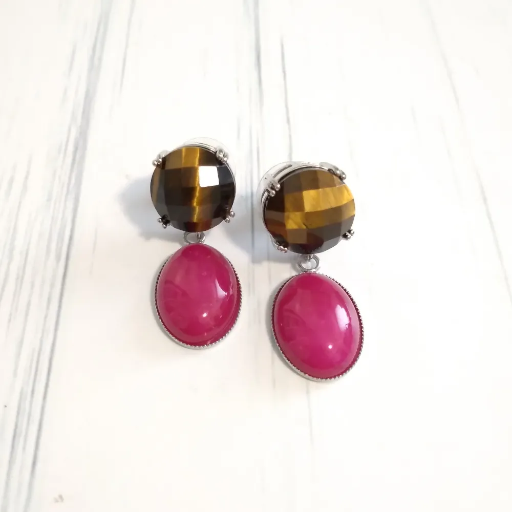 Tiger's Eye Brass Stud with Red Jade Dangle Earrings