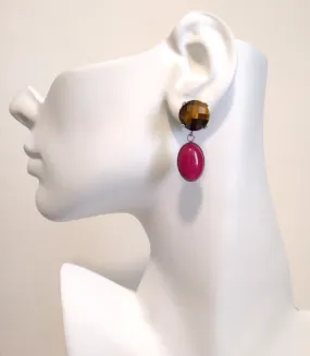 Tiger's Eye Brass Stud with Red Jade Dangle Earrings