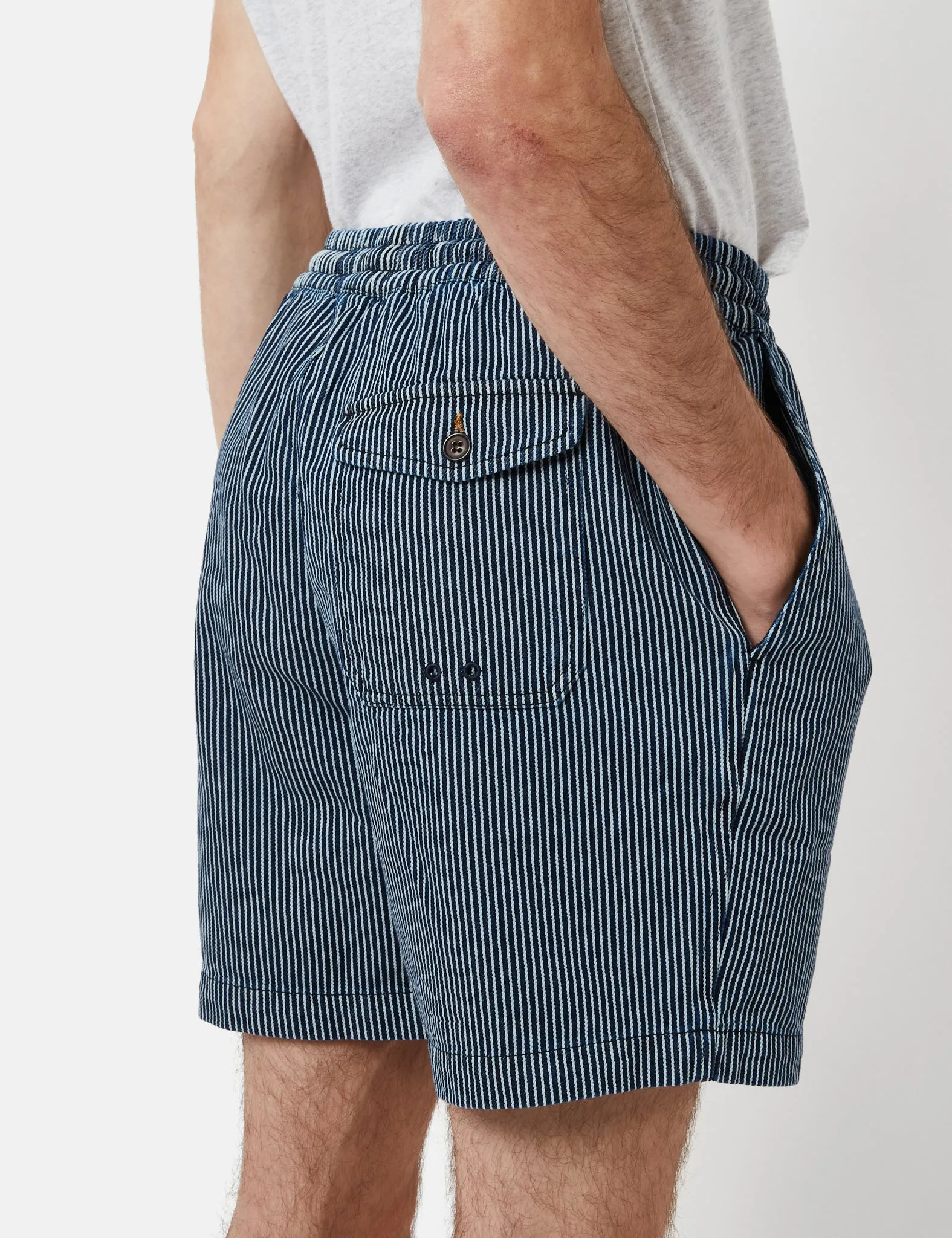 Universal Works Beach Shorts (Hickory Stripe) - Denim Indigo Blue