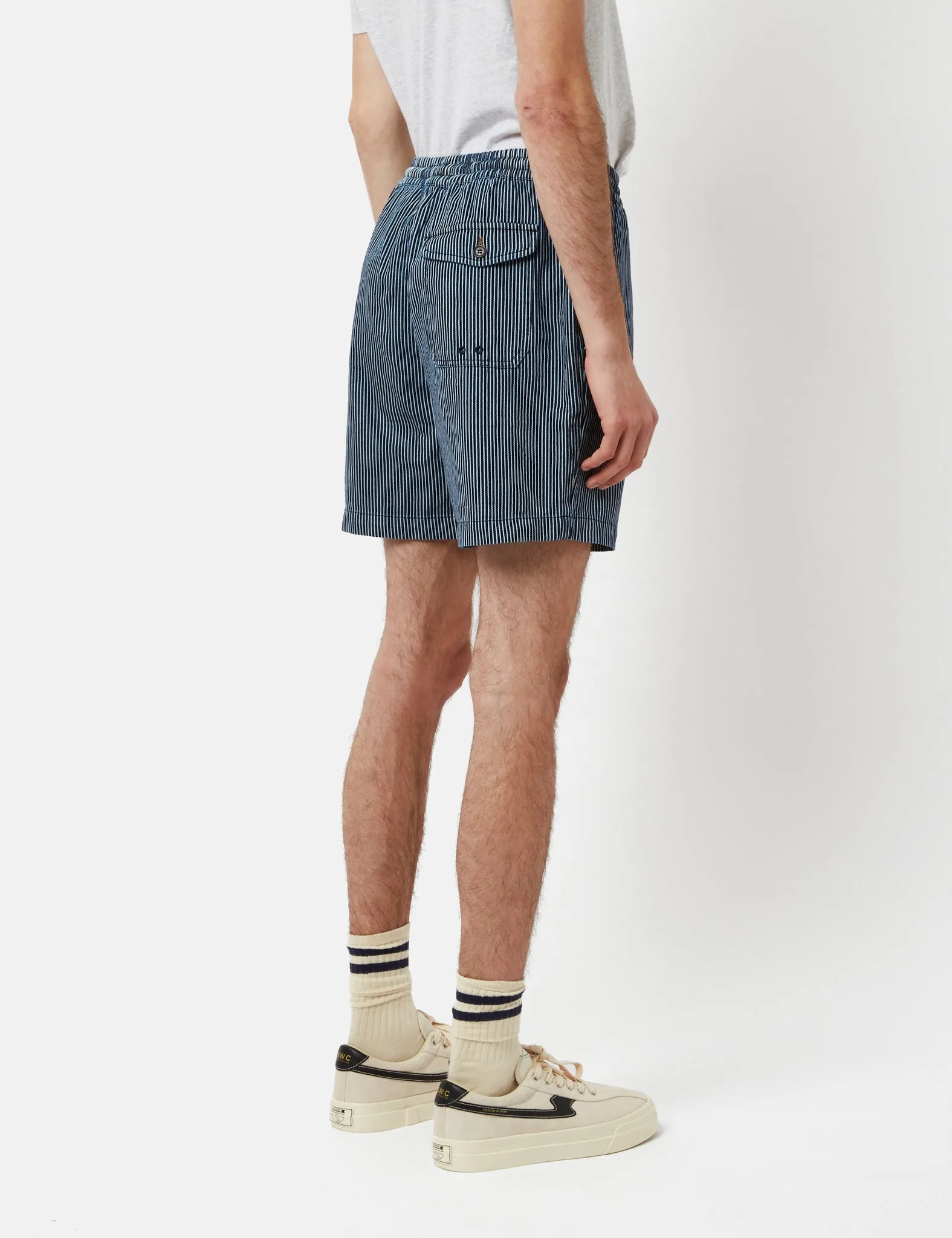 Universal Works Beach Shorts (Hickory Stripe) - Denim Indigo Blue