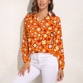 Vintage Style Tops, Retro Shirt Women, Orange Floral Top, 70s inspired Top, 70s Style Top, hippie Floral Top, Floral Blouse, Semi Sheer Top