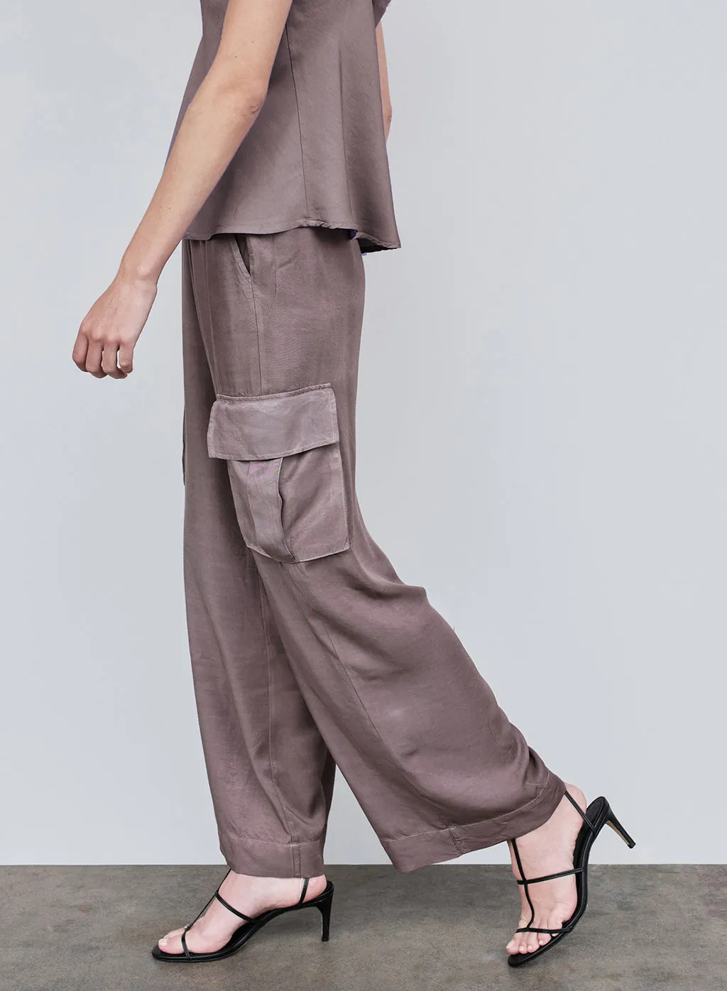 Viscose Satin Cargo Pant in Walnut