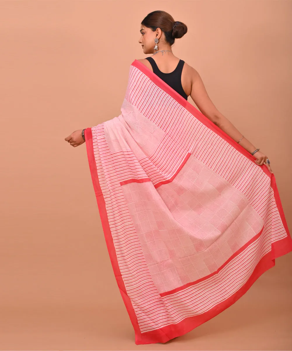 White red pink cotton hand printed bagru saree