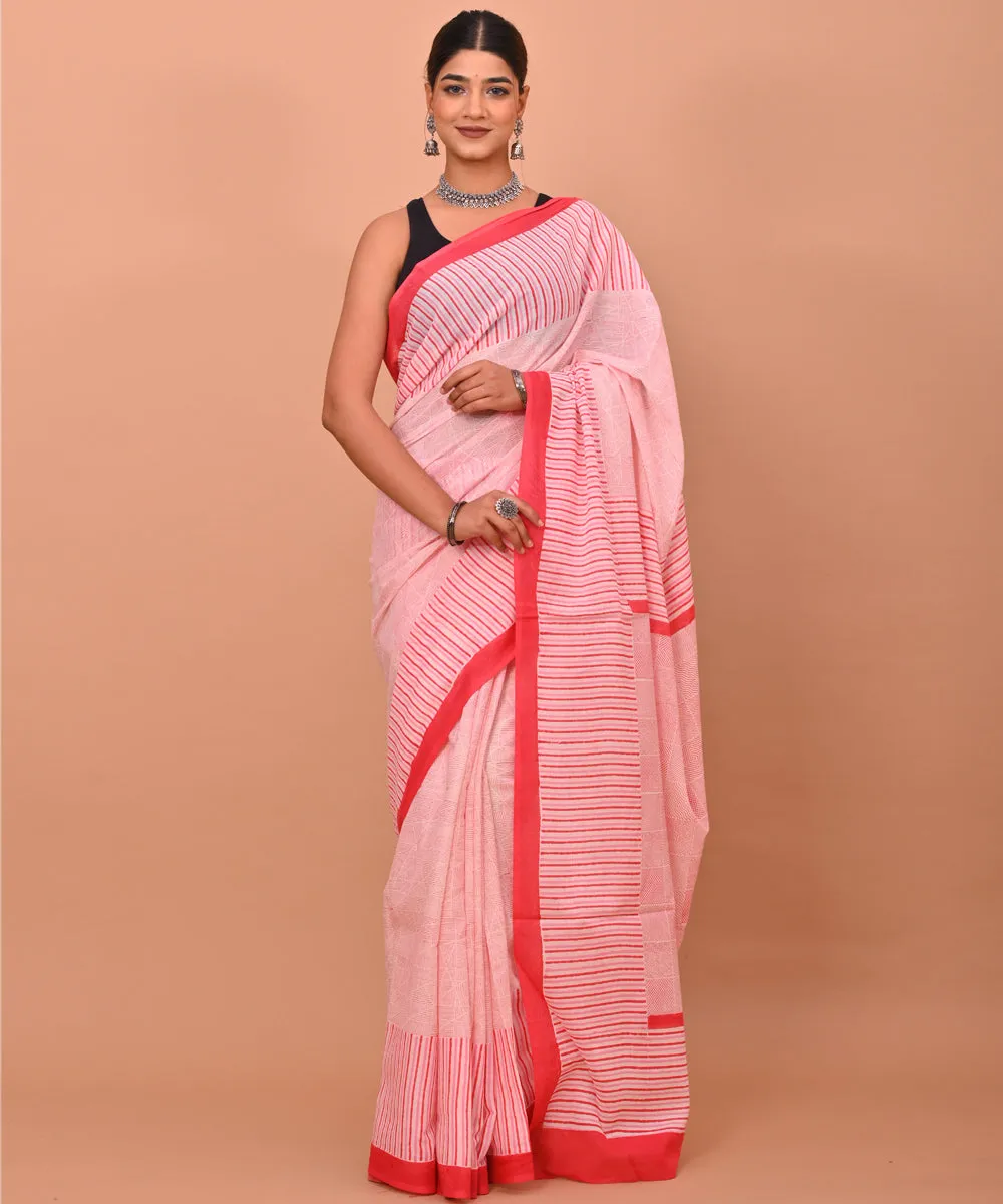 White red pink cotton hand printed bagru saree