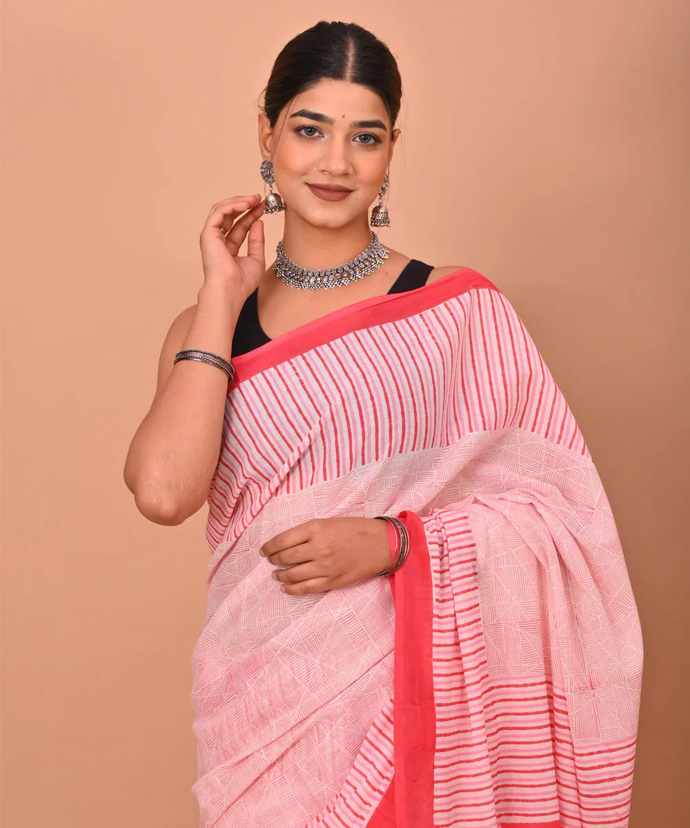 White red pink cotton hand printed bagru saree