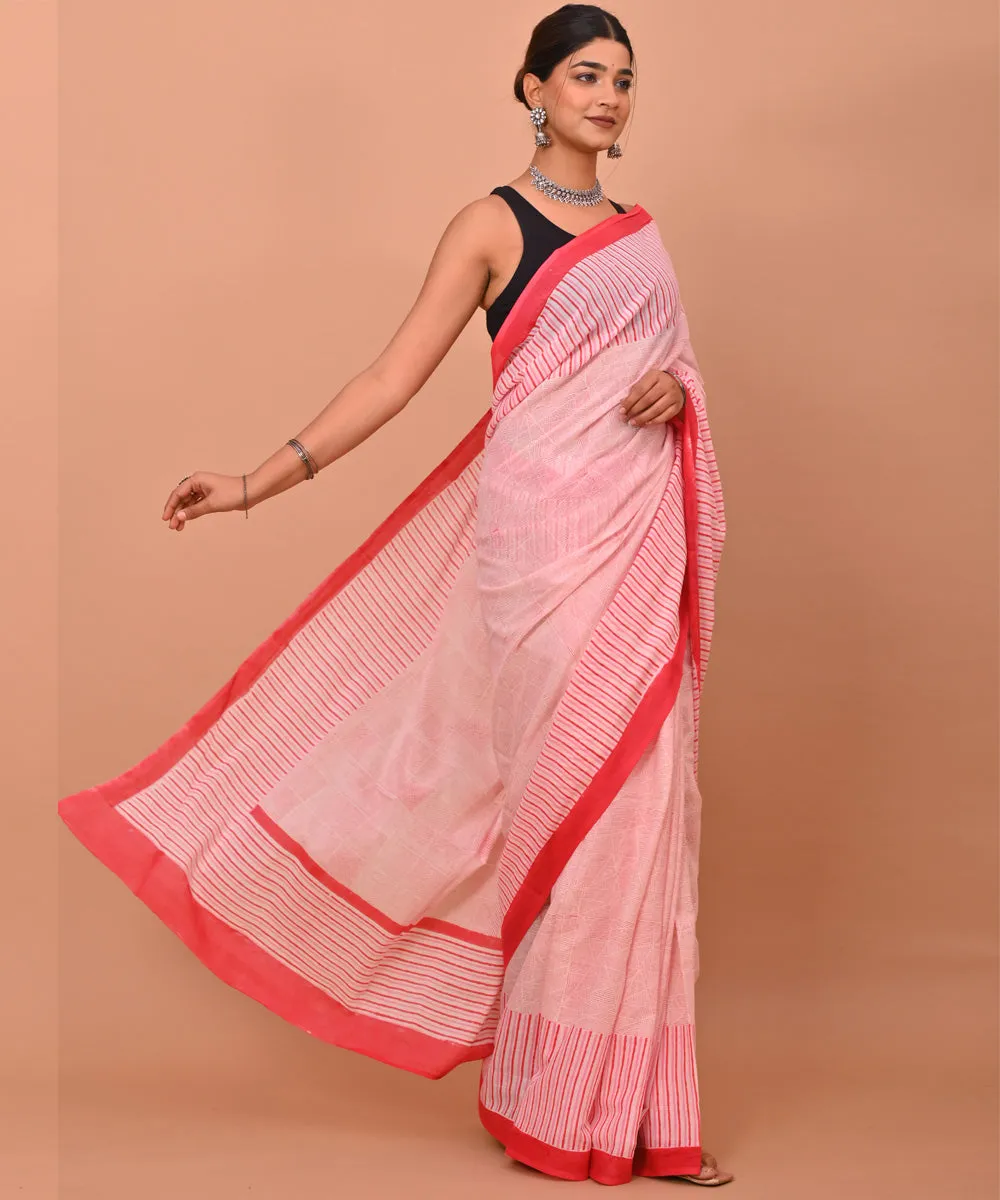 White red pink cotton hand printed bagru saree