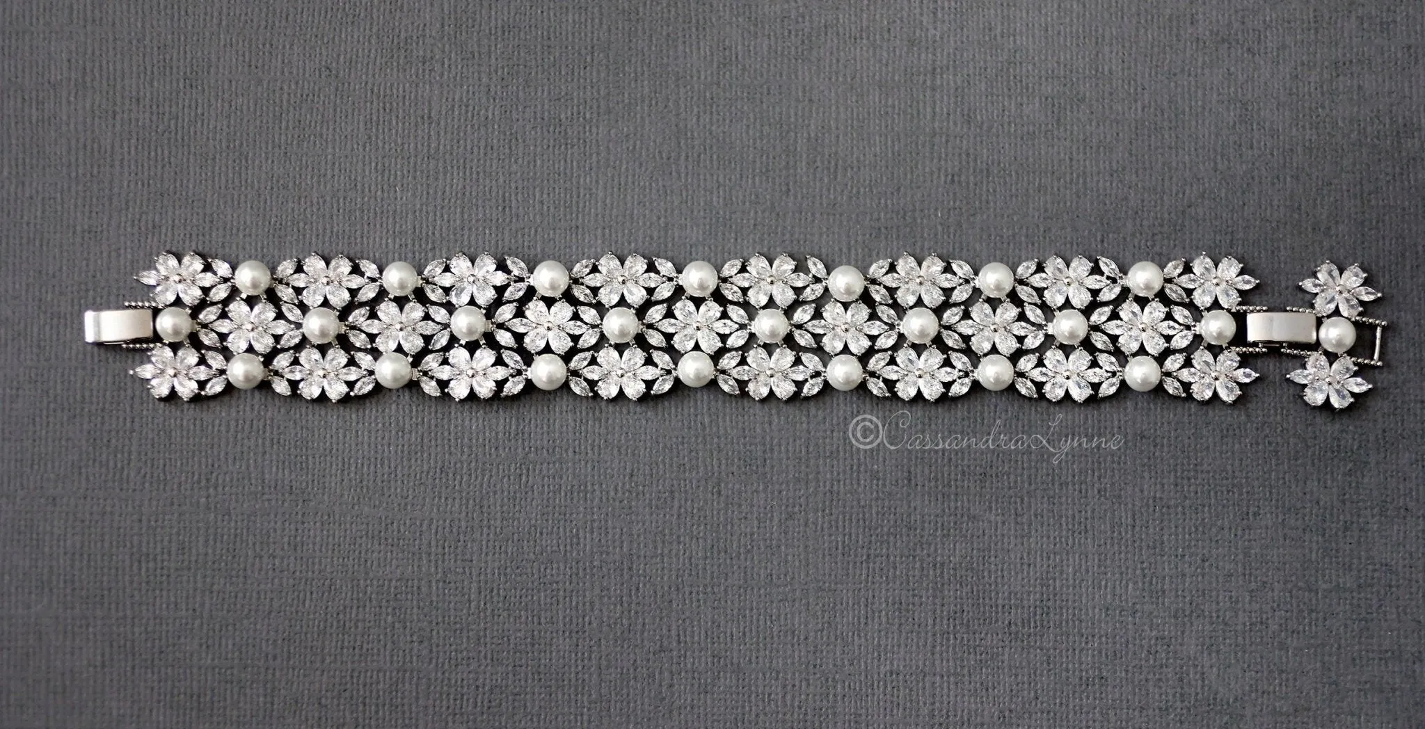 Wide Pearl and CZ Bracelet